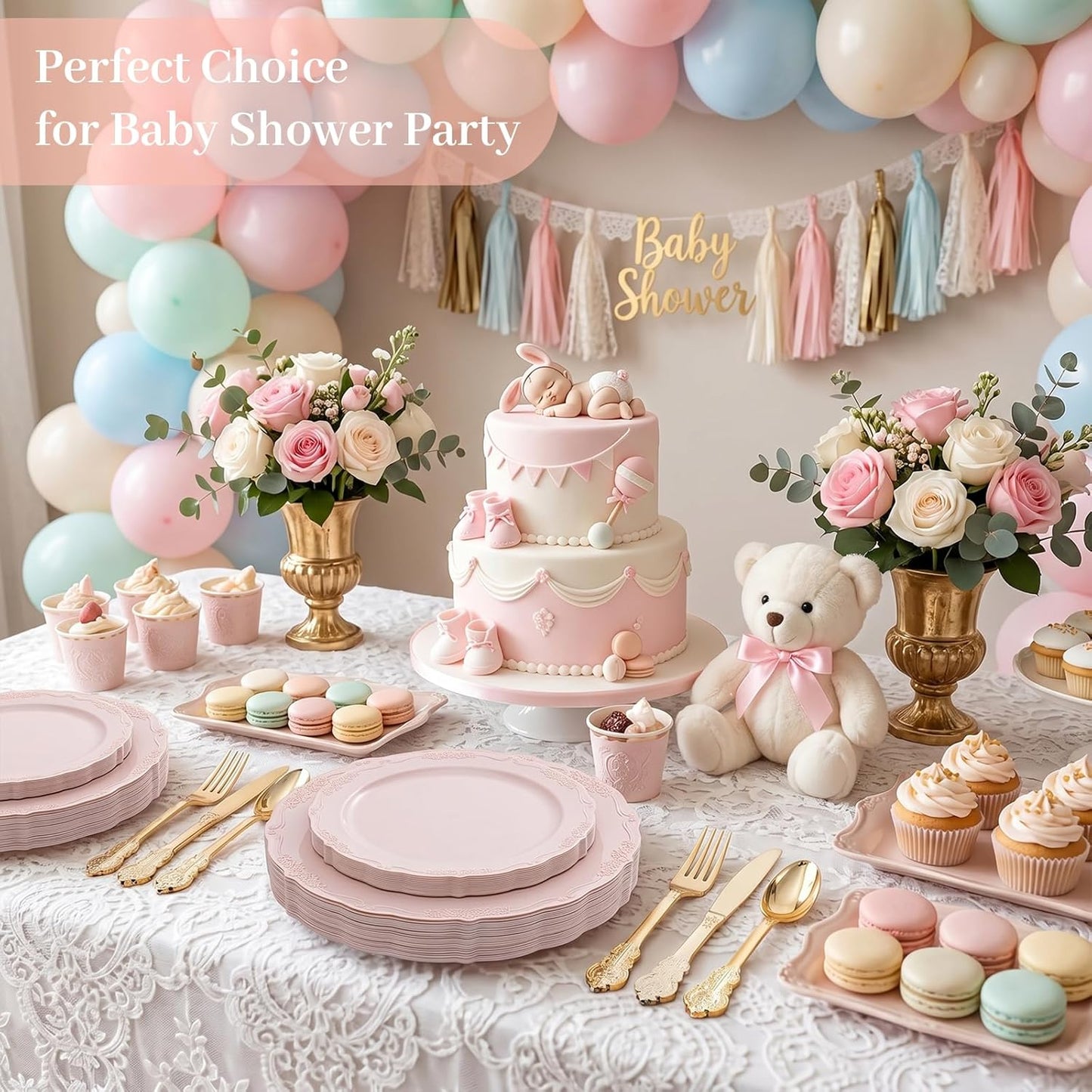 DaYammi 150Pcs Pink Plastic Plates & Gold Plastic Silverware,Pink Disposable Plates for Party Include 30 Dinner Plate,30 Dessert Plate,30 Gold Forks and 30 Spoons, 30 Knives for Wedding Bridal Shower