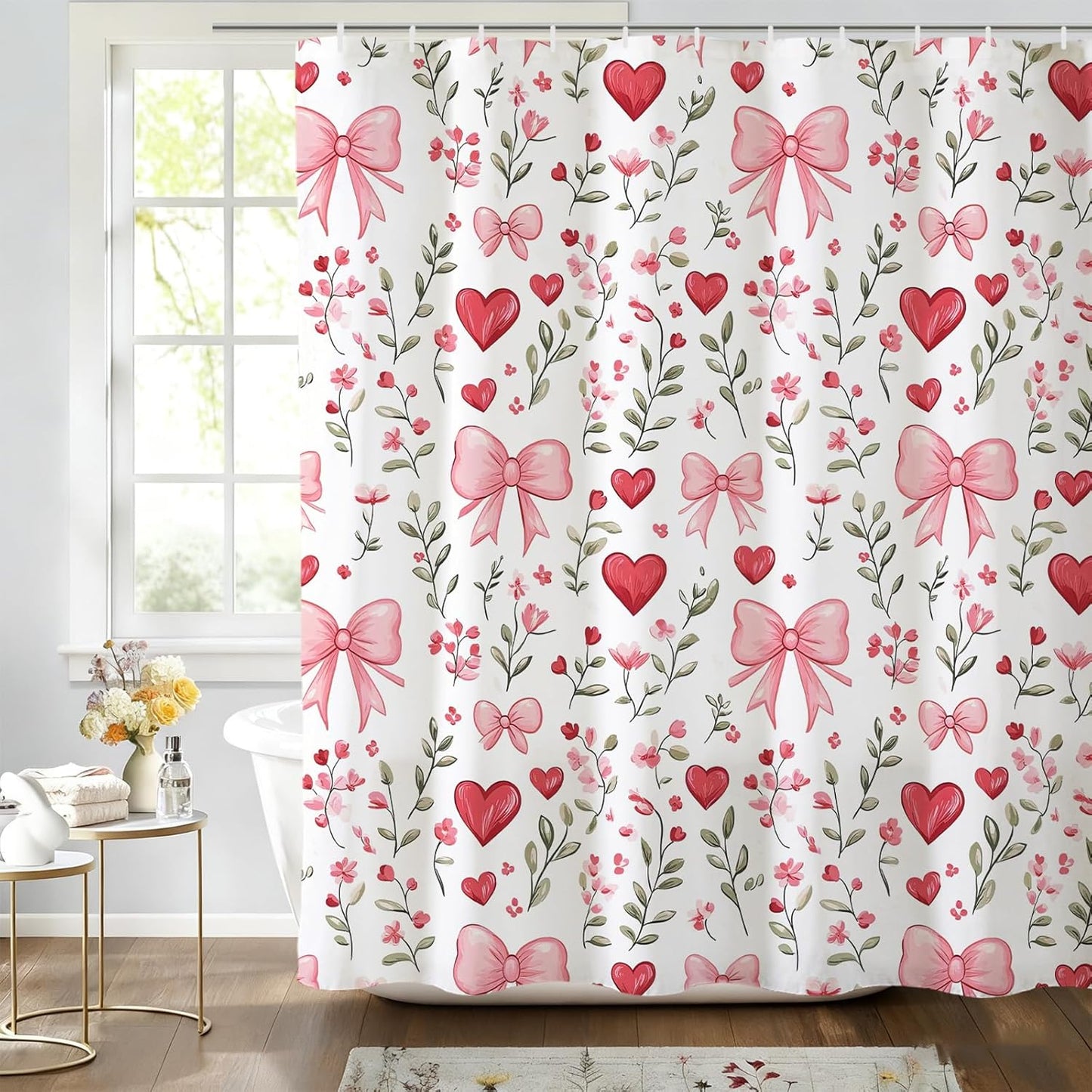 Baccessor Pink Bows Shower Curtain,Pink Love Hearts Bows Girly Shower Curtains Bathroom Bath Home Valentines Day Decor Waterproof Polyester Fabric with Hooks 72 W x72 H Inch