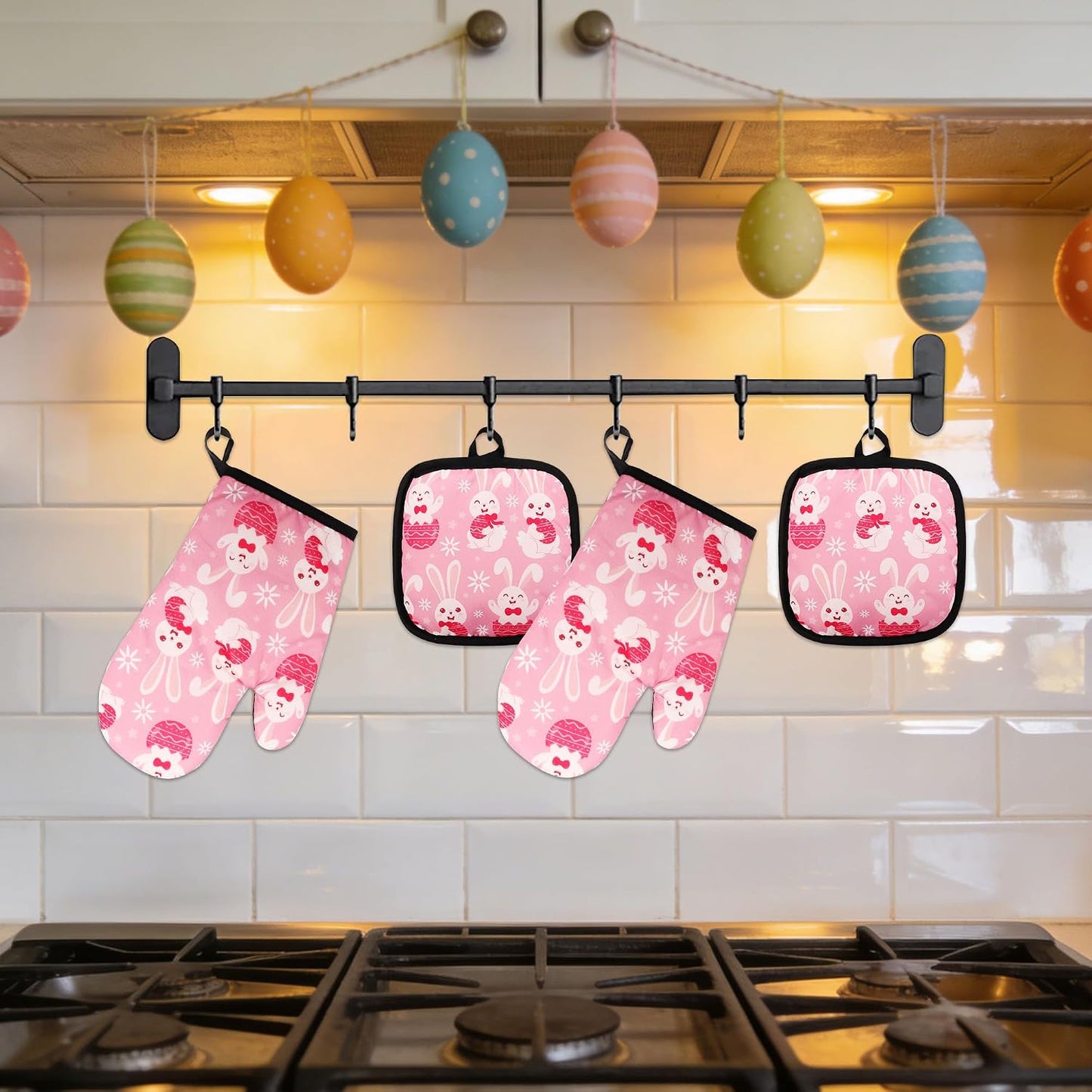 4 PCS Easter Oven Mitts and Potholders Set, Pink Easter Bunny Eggs Oven Mitt Pot Holder Rabbit Potholder Heat Resistant Non-Slip Cooking Gloves for Holiday Baking Party Favor Decor