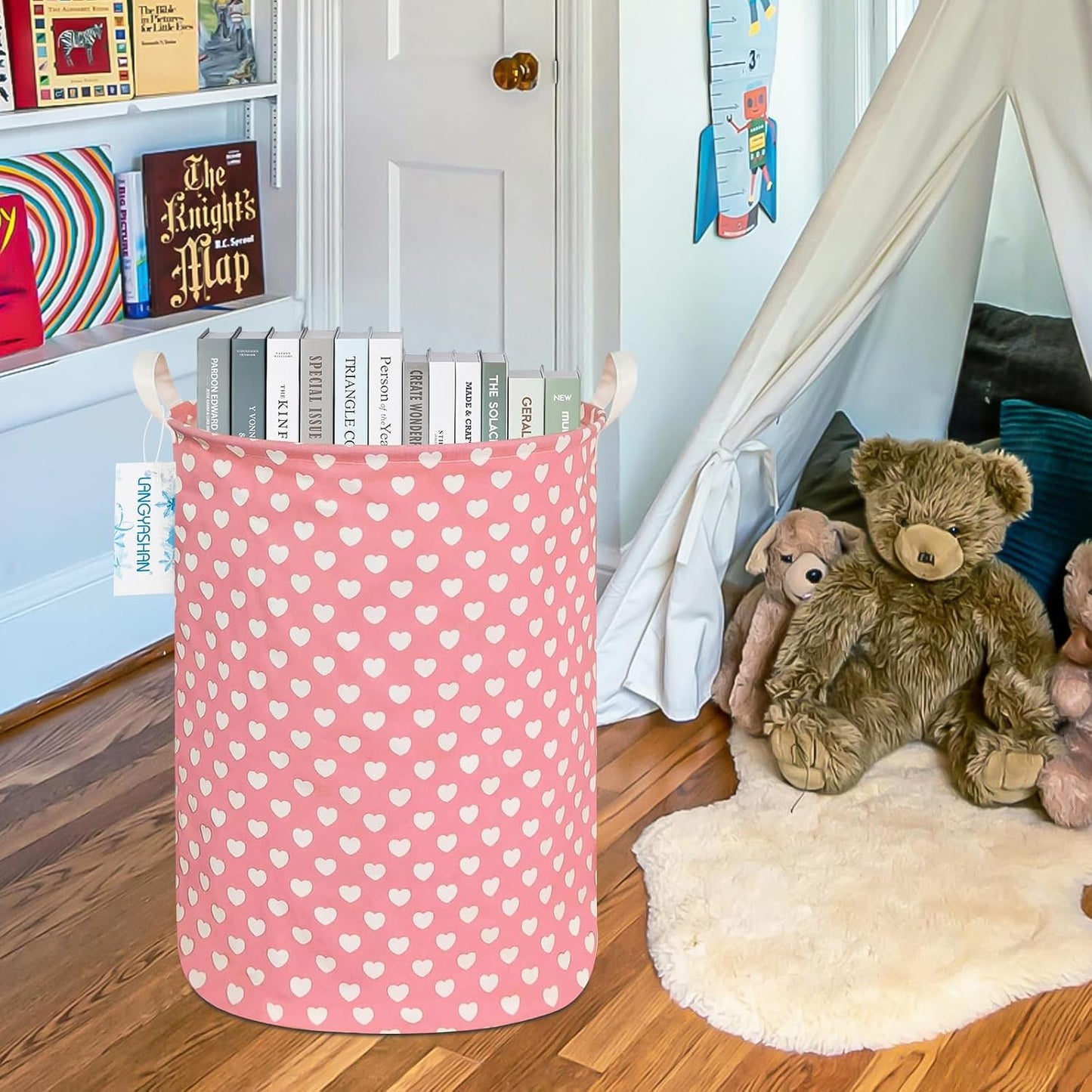 Laundry Hamper Collapsible Kids Storage Basket Waterproof Fabric Toy Clothes Organizer Bin for Children Bedroom Bathroom (Pink heart)