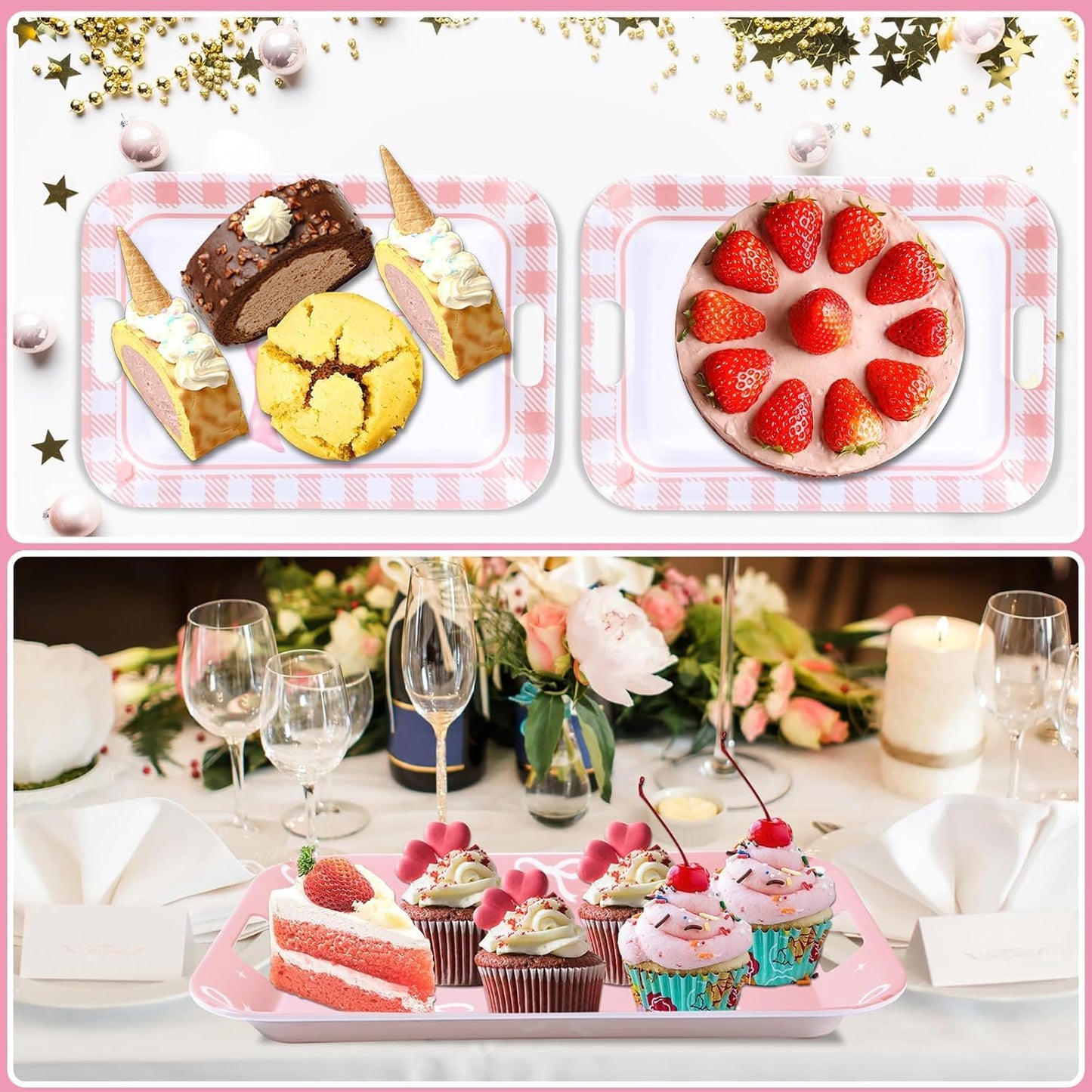 gisgfim 2PCS Pink Bow Serving Trays with Handles 16 X 11 Inch Large Melamine Platter Bow Party Decorations Food Tray Dessert Plate Dish for Girls Bachelorette Wedding Birthday Party Supplies