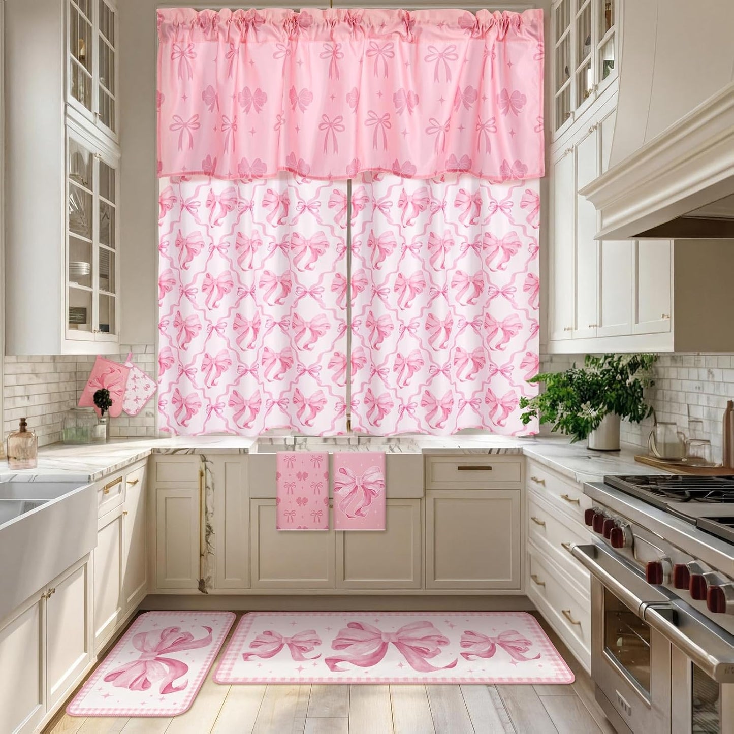 Fourluoo 13 Pcs Pink Bow Kitchen Decor Set 4 Coquette Kitchen Towels 2 Cute Nonslip Rugs and Mats 3 Pink Curtains Valance 2 Pot Holders 2 Oven Mitt for Home Decoration Mom Cooking Grilling Baking Gift
