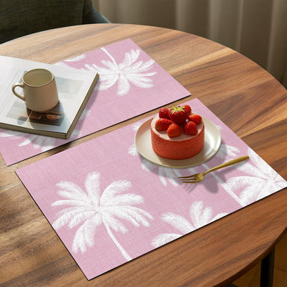Peach Pink Palm Tree Placemats Set of 4, Washable PVC Kitchen Table Mats Place Mats, Summer Botancial Tropical Farmhouse Woven Vinyl Placemat for Dining Table, 13" x 19"