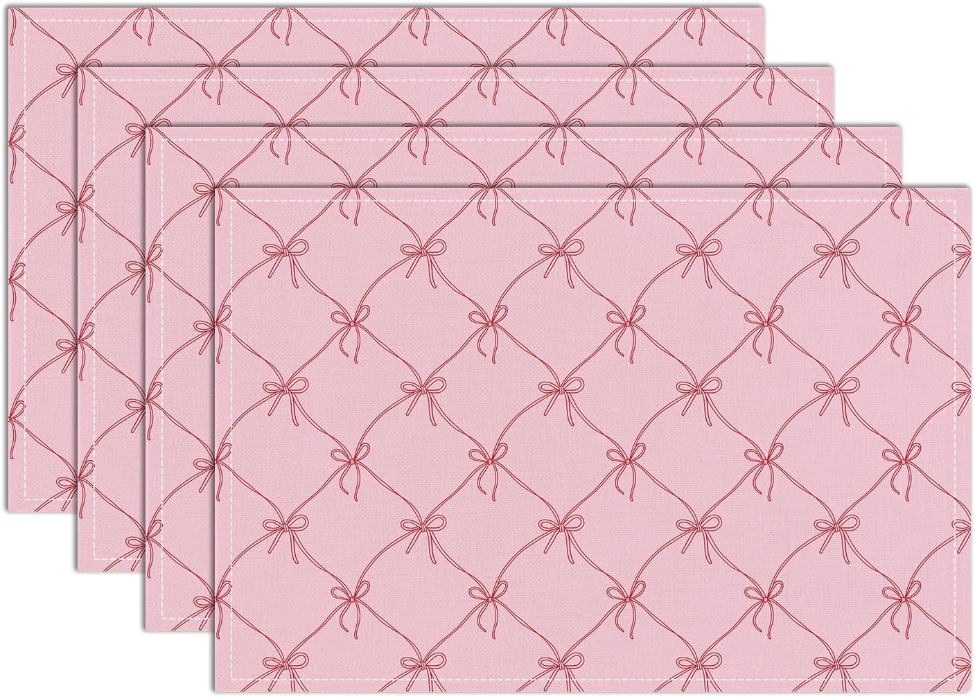 Set of 4 Pink Bow Placemats, Wipeable Washable Heat-Resistant Linen Fabric Table Place Mats, Non-Slip Cute Placemat for Kitchen Table Wedding Party Indoor/Outdoor Decor 12x18 Inch /02