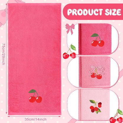 Tingjoo 3 Pcs Cherry Hand Towels 14x29 Inch Spring Summer Pink Preppy Bow Cherries Bathroom Decor Cotton Embroidered Soft Absorbent Towels for Bathroom Kitchen
