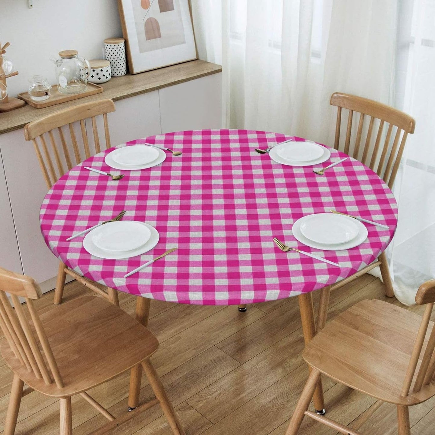 Preppy Pink and White Check Pattern Square Round Tablecloth Fitted Table Cover Washable Tablecloths for Kitchen Dining Party 40-44 Inch