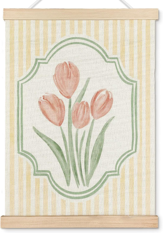 OHDCE Pink Tulip Floral Nursery Wall Art Poster Hanger Frame, Pastel Cottagecore Tulip Flower Striped Canvas Wall Prints Artwork for Girls Room Bedroom Decor, 12x16 Inch