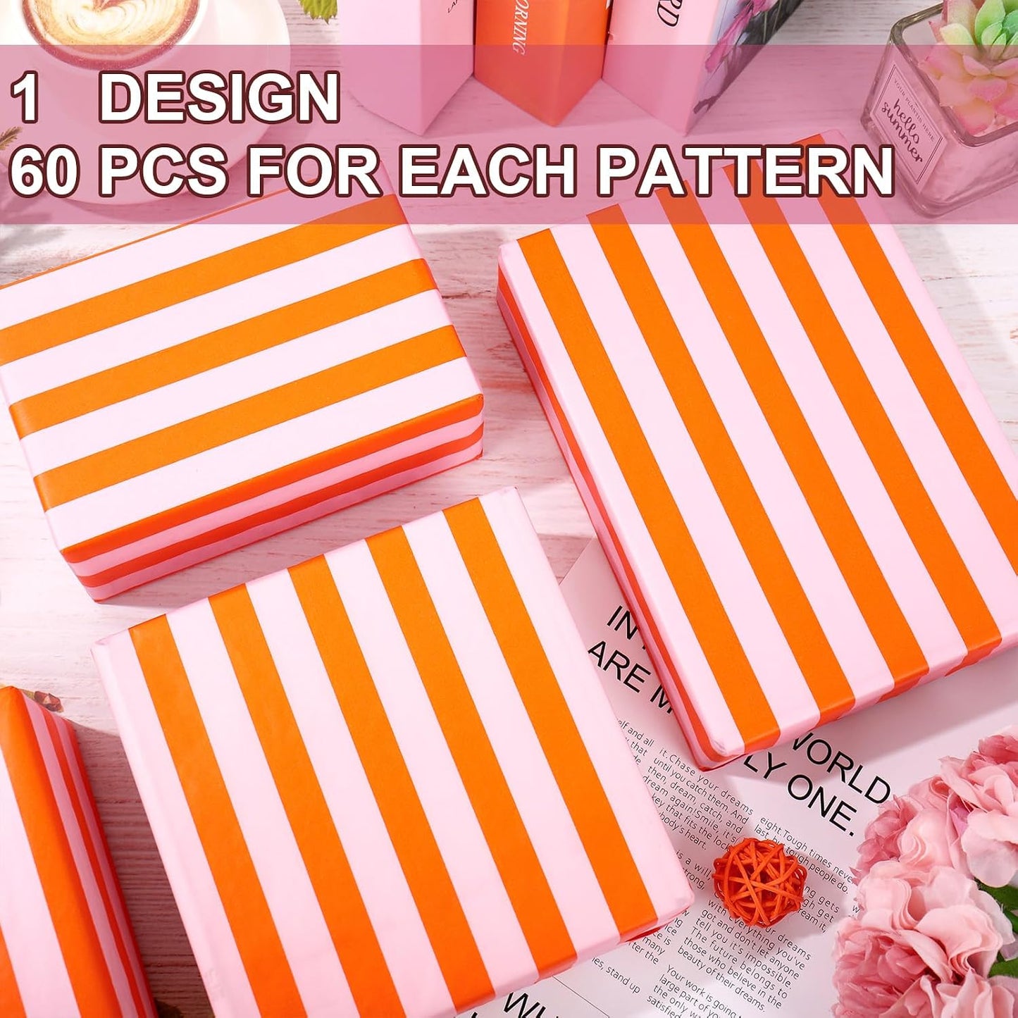 JarThenaAMCS 60 Sheets Stripe Tissue Paper Pink Orange Stripe Wrapping Paper for Birthday Baby Shower Wedding Party DIY Crafts Supplies, 14 x 20 Inch