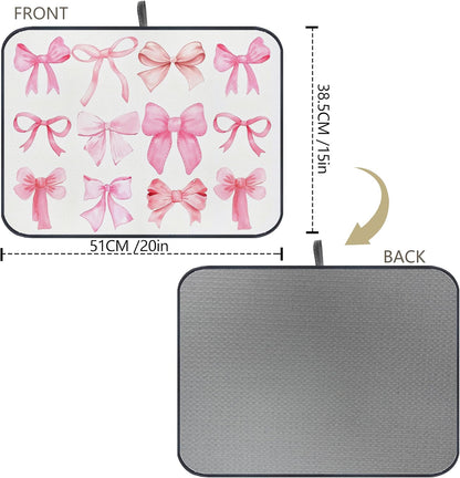 Pink Bow Dish Drying Mat,Coquette Pink Bow Absorbent Dish Drying Mat，Kitchen Accessories For Countertop，Dish Drainer Mat For Kitchen Counter，20 X 15inch