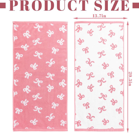 FYSUIMU 2Pcs Pink Bow Hand Towels for Bathroom Cute White Pink Bowknot Embroidered Cotton Soft Decorative Dish Towels for Drying Cooking Kitchen Cleaning Bridal Shower Wedding Gift Set, 29.5 x 13.7 In