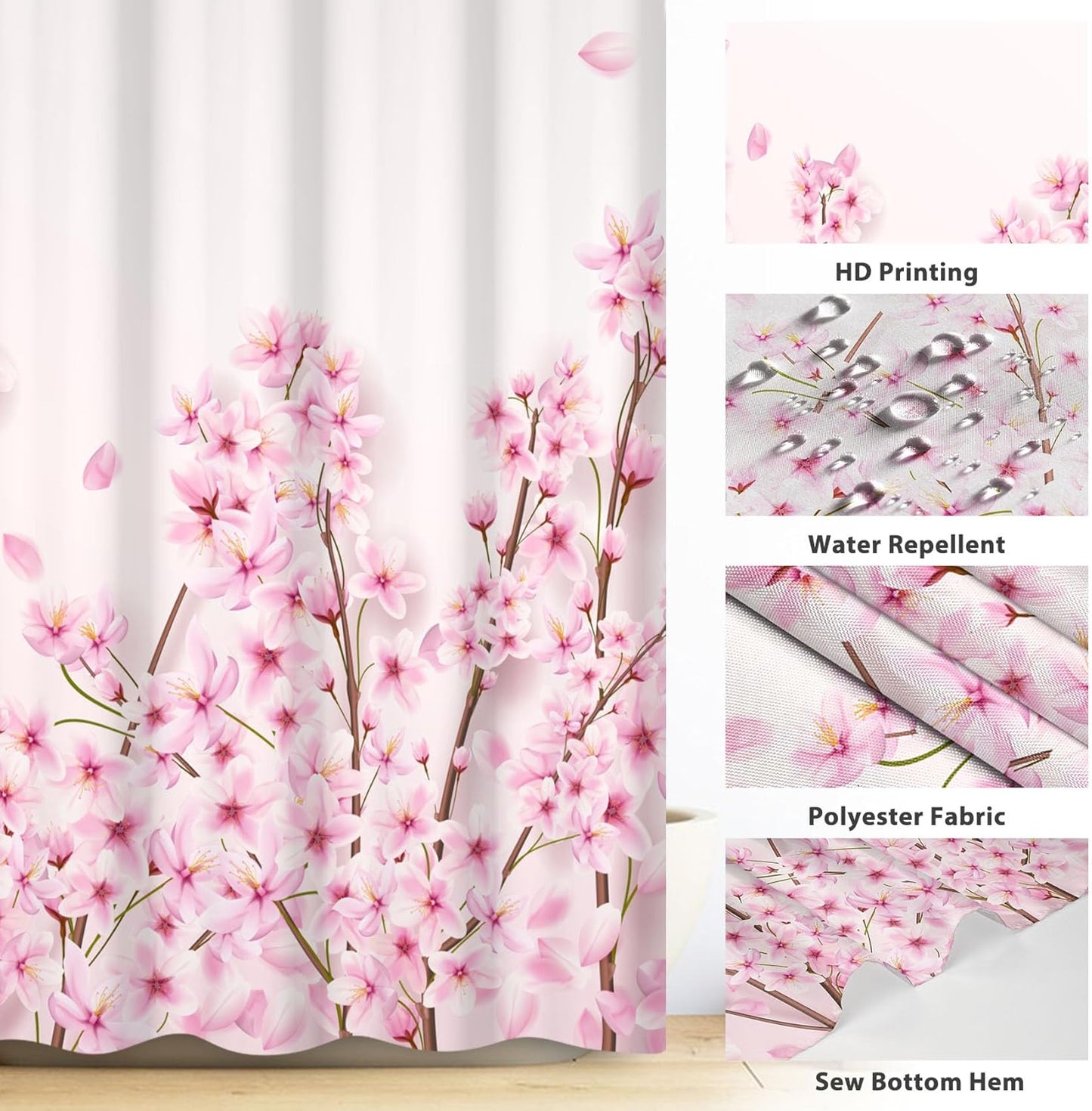 Renaiss 72x72 Inches Pink Cherry Blossom Shower Curtain Spring Pink Peach Floral Branches with Flower Buds Fabric Bath Shower Curtains for Bathroom Decor Waterproof Polyester with Hooks