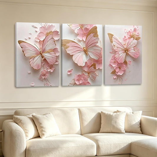 3 Pcs Pink Butterfly Floral Canvas Wall Art, Pink and Gold Room Wall Decor, HotPink Flower Painting Poster, Aesthetic Butterfly Picture for Grils Room Living Room Bathroom Bedroom Home Decorations 12 * 16 in (Stretched Canvas on A Wooden Frame)