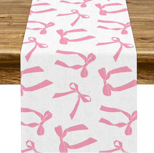 Pudodo Pink Bow Table Runner for Birthday Bridal Baby Shower Party Decorations Kitchen Dining Home Decor (Pink, 13" x 72")