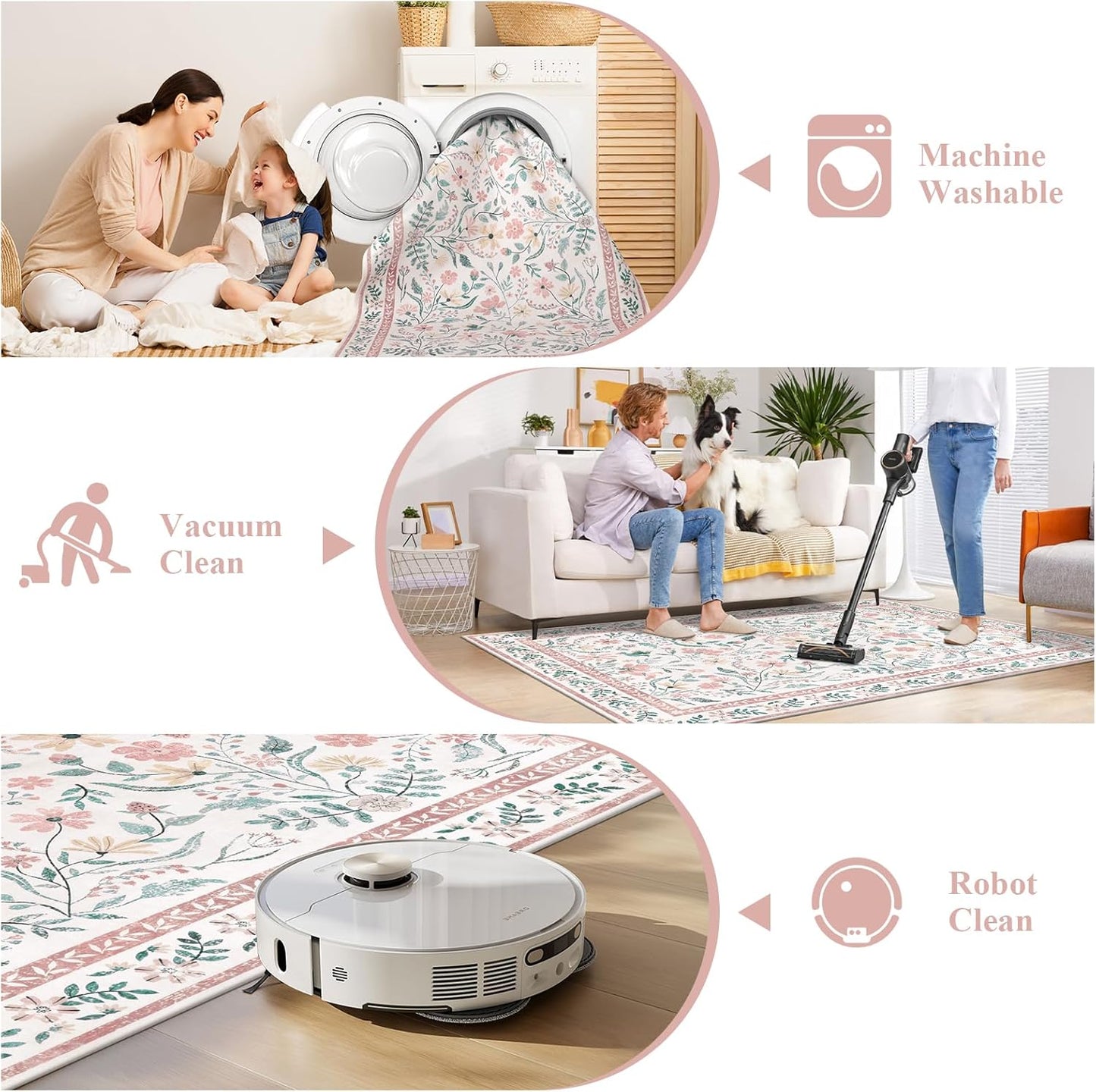 SHACOS 4x6 Boho Area Rugs for Living Room, Machine Washable Floral Carpet for Bedroom Non Slip Soft Nursery Rugs for Kids Room Dining Room Entryway Indoor, Pink