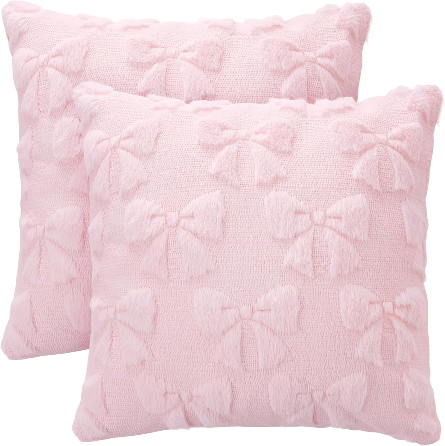 phnydreg Pack of 2 Pink Bow Throw Couch Pillow Covers 18x18in Plush Faux Fabric Pillowcases for Living Room Couch Bed Sofa Decor