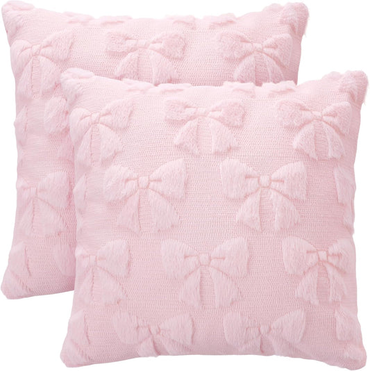 phnydreg Pack of 2 Pink Bow Throw Couch Pillow Covers 18x18in Plush Faux Fabric Pillowcases for Living Room Couch Bed Sofa Decor