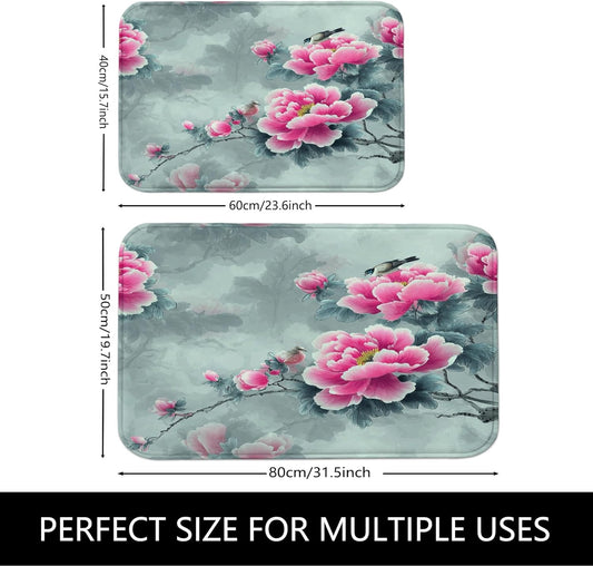 Floral Pattern Quick Dry Bath Mat, Vintage Peach Peony Decorative Absorbent Non Slip Shower Mat, Spring Memory Foam Washable Bath Rugs for Bathroom Toilet Restroom 20x32 Inch