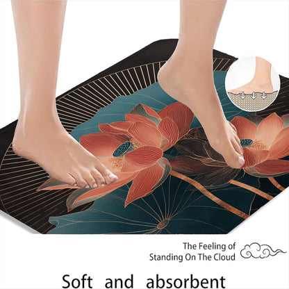 Water Lily Floral Quick Dry Bath Mat, Elegant Peach Flowers Leaves Absorbent Non Slip Shower Mat, Modern Flannel Washable Bath Rugs for Bathroom Toilet Restroom Decorative 20x32 Inch