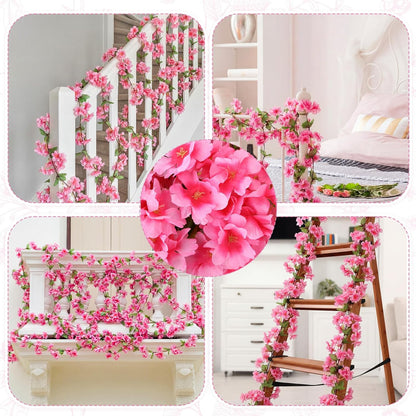 Nuenen 12 Pcs 92.5 FT Artificial Cherry Blossom Flower Vines Bulk Faux Cherry Hanging Garland Pink Flower Vines Silk Flowers Garland with Green Leaves for Party Decor (Rose Red)
