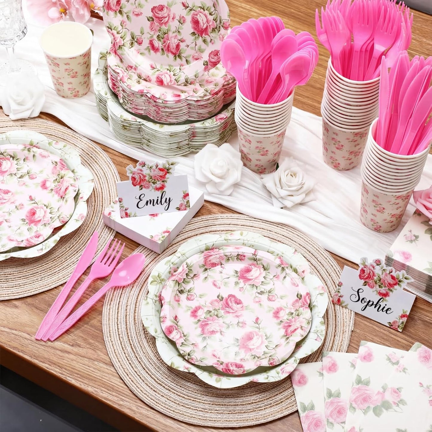 Shellwei 410 Pcs Pink Rose Tea Party Decorations Elegant Floral Paper Plates and Napkins Set Disposable Party Tableware Sets with Cups Knives Forks Spoons Seat Card Favors for 50 Guests