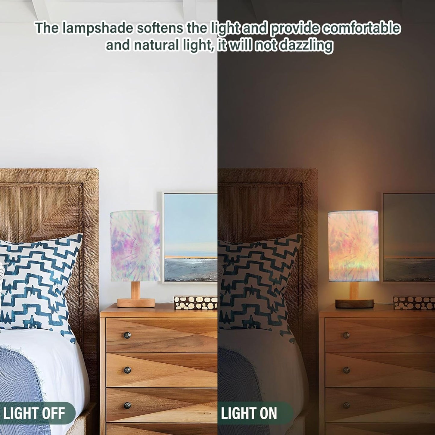Table Lamp Pastel Pink Tie Dye Swirl Print Nightstand Lamp with Wood Base Fabric Lamp Shade Bedside Desk Lamp for Living Room Bedroom Kids Room Office