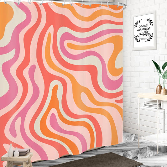 Abstract Pink Shower Curtain 60Wx72H Inches, Retro Orange Shower Curtain, Groovy Aesthetic Cute 70s Retro Spiral Swirl Colorful Modern Bathroom Decor Cloth Fabric Waterproof with Hooks