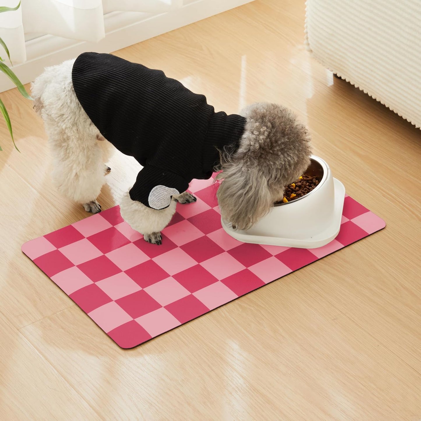Checkered Dog Feeding Mat, Absorbent Mats for Dog Food and Water Bowl, Dispenser, Aesthetic Hot Pink Cute Checkerboard Pet Placemat for Dogs, Cats, Puppy Accessories (Coral, 12 x 19)