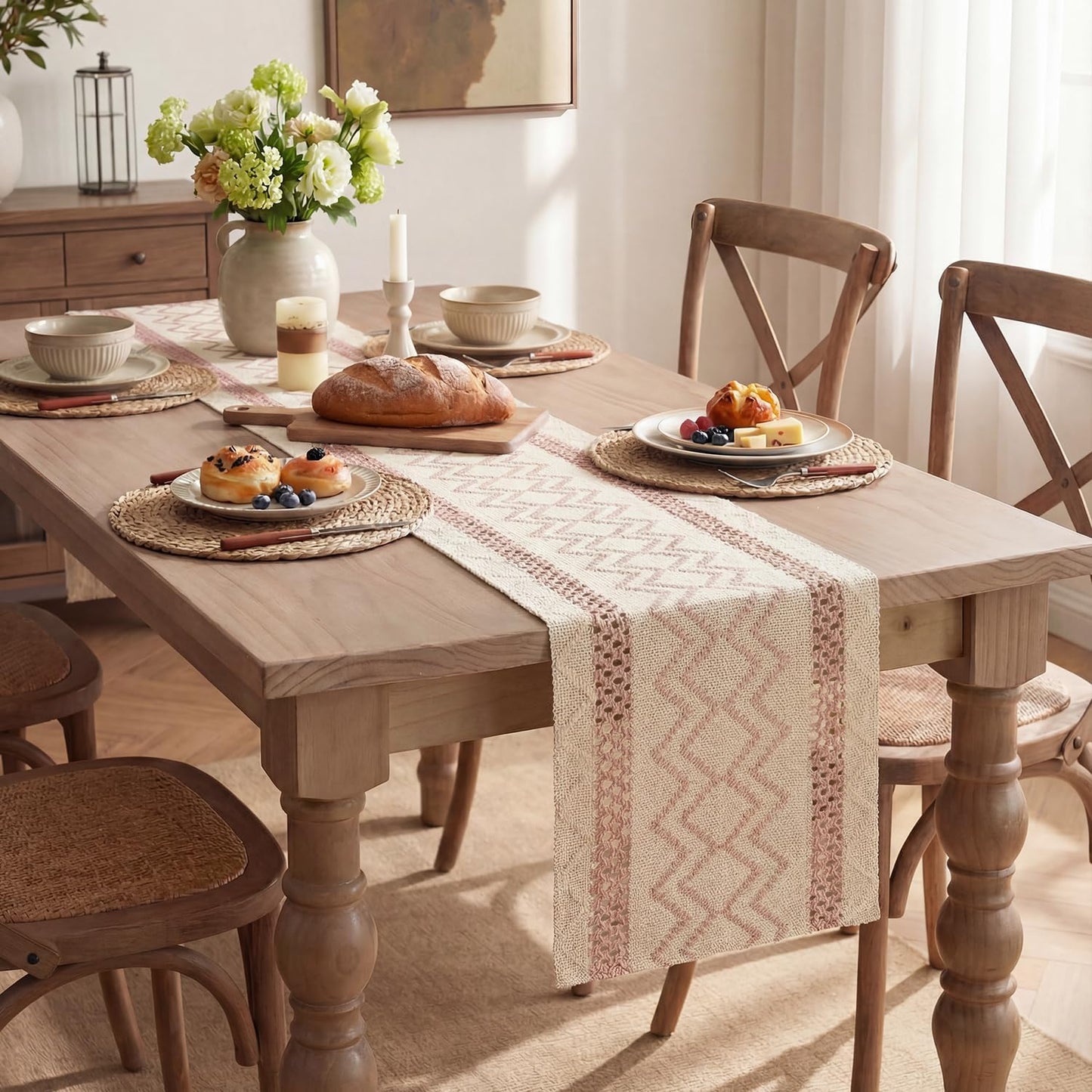 Artoid Mode Pink Stripe Diamond Pattern Woven Table Runner, Seasonal Holiday Hollow Kitchen Dining Table Decoration for Home Party Decor 12x72 Inch