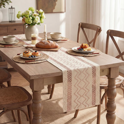 Artoid Mode Pink Stripe Diamond Pattern Woven Table Runner, Seasonal Holiday Hollow Kitchen Dining Table Decoration for Home Party Decor 12x72 Inch