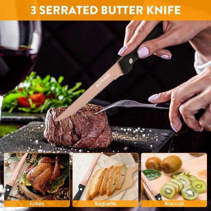 Rose Gold Steak Knife Set, 6-Piece, 4.5 Inch Serrated, Stainless Steel Tableware Cutlery for Vegetables, Meat, Bread and Butter