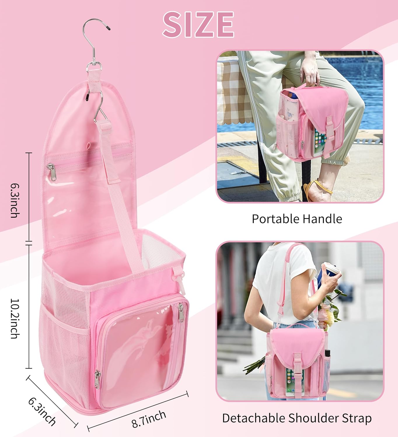 Ethereal Shower Caddy Portable, Mesh Shower Caddy Bag for College Dorm Room Essentials, Hanging Shower Bag for Gym, Camping, Beach(Pink)
