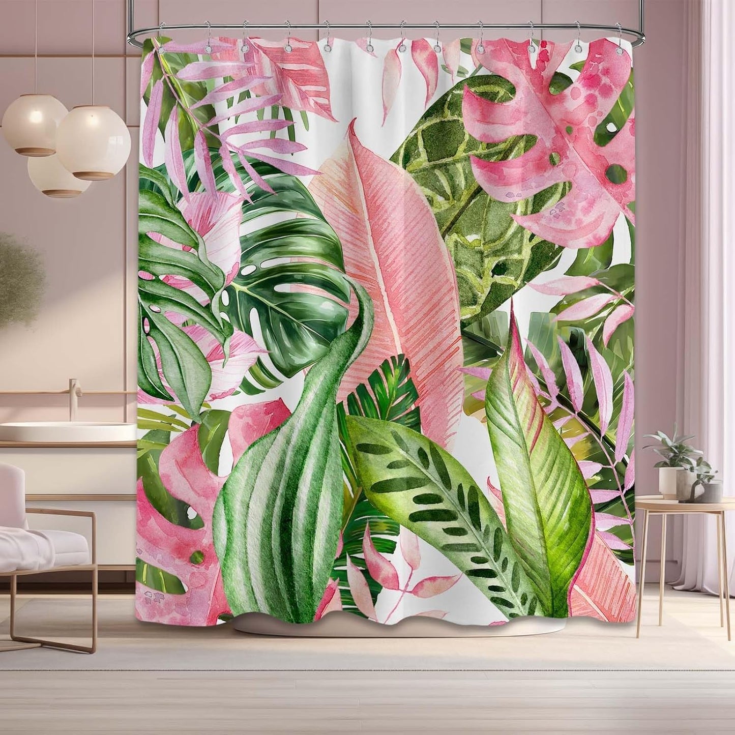 Pink and Green Tropical Palm Leaf Shower Curtain Monstera Leaves Jungle Plant Shower Curtains for Bathroom Decor, Waterproof Cloth Fabric with Hooks 70 X 72 Inch