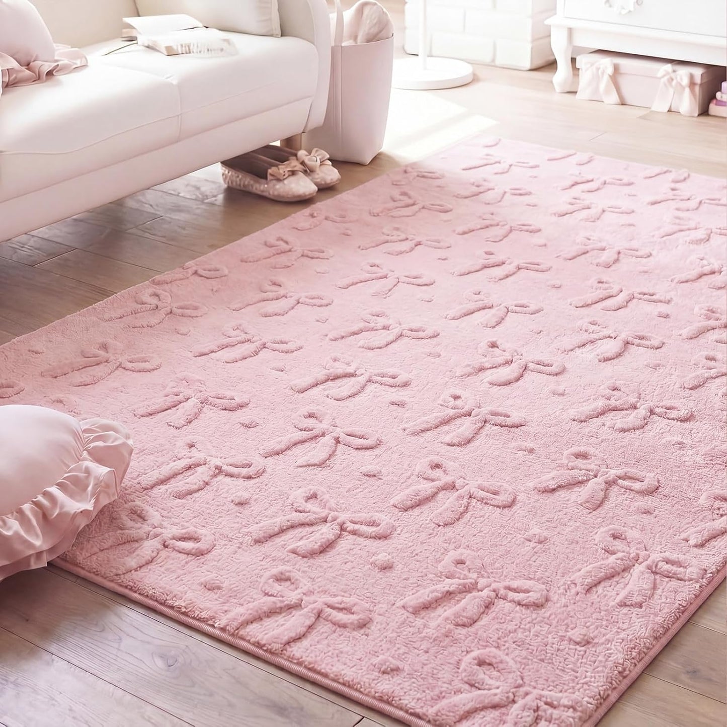 Pink Bow Area Rugs 4 x 6 ft Cute Sweet Throw Rugs Pink Plush Faux Fur Aesthetic Soft Bedroom Carpet for Living Room Dining Playroom Nursery Family Indoor Dorm