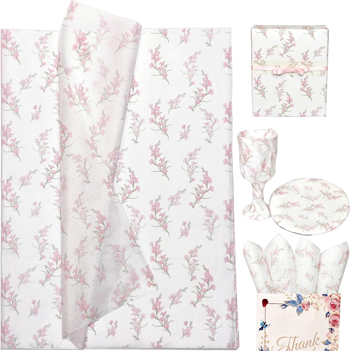 Floral Tissue Paper, White with Pink Gladiolus Flowers Pattern- 30 Sheets, 20x14 In, Gift Wrapping Tissue Paper for Gift Bags, Bouquet Packaging for Wedding Baby Shower DIY Crafts Birthday Party Decor