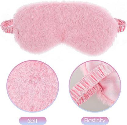 2 Pcs Plush Fluffy Eye Mask Soft Sleeping Blindfold Eye Cover Comfortable Furry Faux Fur Sleeping Mask Satin Nap Night Eyeshade Cover for Women Men Gift (White, Pink)