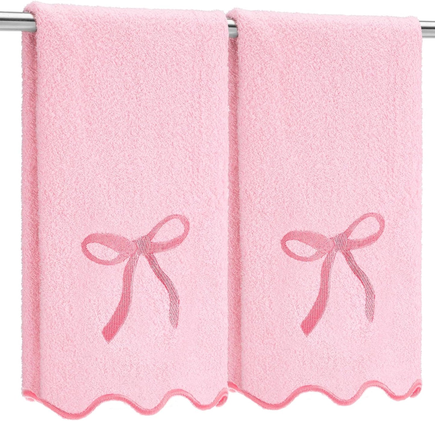 Fanfanwin 2 Pcs Pink Bow Scalloped Hand Towels for Bathroom 26 x 13 Inch Soft Embroidery Cute Coquette Bath Towels Fingertip 100% Cotton Soft Absorbent Boho Bath Decor for Kitchen Bathroom