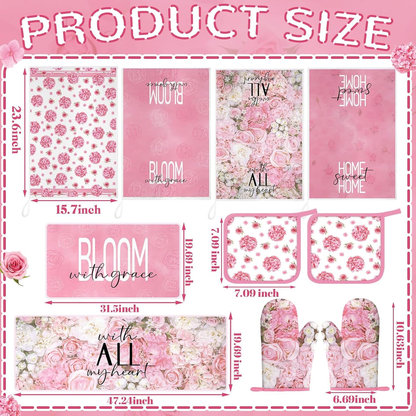 Fourluoo 10 Pcs Pink Floral Kitchen Decor Sets 4 Rose Kitchen Dish Towels 2 Hydrangea Pot Holders 2 Oven Mitts Glove 2 Pink Flowers Rustic Non Slip Rugs and Mats for Floor Home Accessories Mom Gift