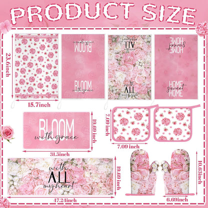 Fourluoo 10 Pcs Pink Floral Kitchen Decor Sets 4 Rose Kitchen Dish Towels 2 Hydrangea Pot Holders 2 Oven Mitts Glove 2 Pink Flowers Rustic Non Slip Rugs and Mats for Floor Home Accessories Mom Gift