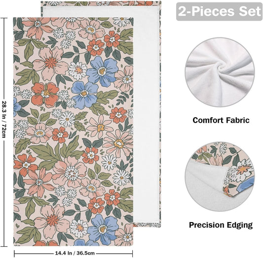 2 Pcs Boho Pink Floral Leaf Hand Towels for Bathroom 14"x28",Soft Quick Dry Vintage Watercolor Blue Flower Green Leave Guest Bath Towels,Decorative Towels for Bathroom Kitchen Dish Face Gym