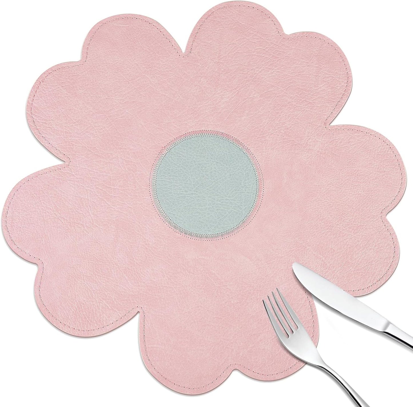 fanquare Pink Flower Shape PU Leather Placemats Set of 4, 15" Non-Slip Heat Resistant Table Mats for Kitchen Home Decor