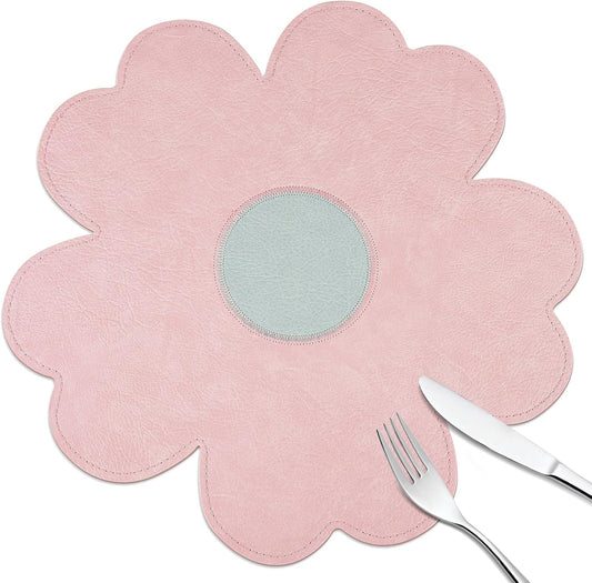 fanquare Pink Flower Shape PU Leather Placemats Set of 4, 15" Non-Slip Heat Resistant Table Mats for Kitchen Home Decor