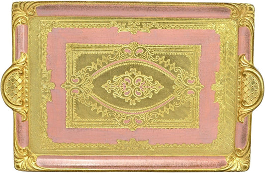 Vintage Florentine Wood Vanity Tray with Handles, 15.5" x 10", Gold Tray for Vintage Home Decor, Shabby Chic Decor, Perfume Platter, Gifts for Women, Made in Italy (Pink, Medium)