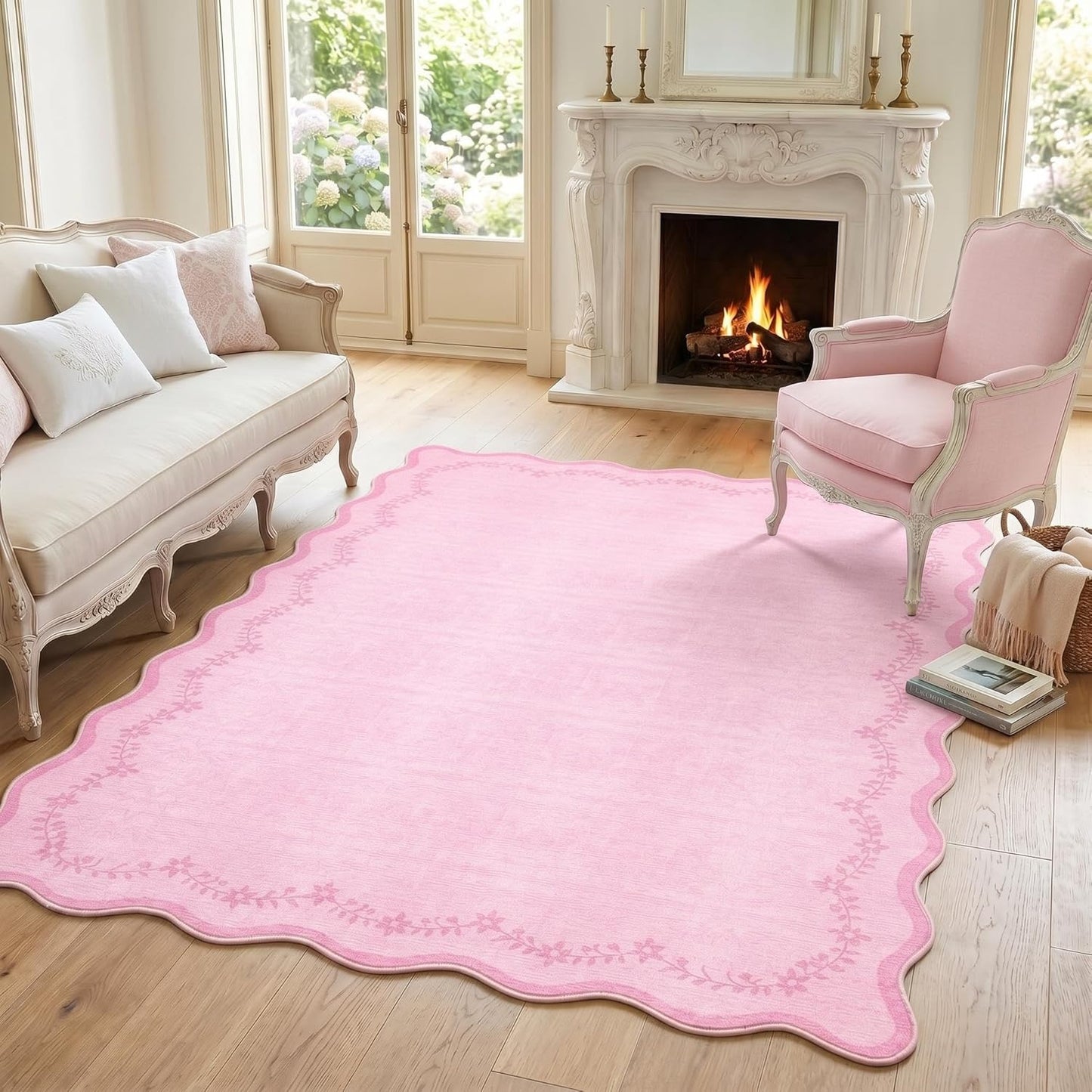 GarveeHome 5x7 Scalloped Area Rug Pink Washable Rugs for Nursery Room Bedroom, Soft Low Pile Non Slip Accent Floor Mat Solid Floral Print Throw Rug Farmhouse Indoor Carpet for Dorm Playroom
