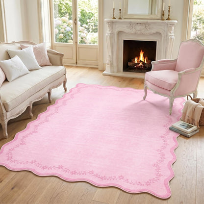 GarveeHome 5x7 Scalloped Area Rug Pink Washable Rugs for Nursery Room Bedroom, Soft Low Pile Non Slip Accent Floor Mat Solid Floral Print Throw Rug Farmhouse Indoor Carpet for Dorm Playroom