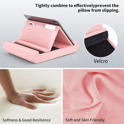 CreaDream Tablet Pillow Stand, Foldable Tablet Holder for Lap, Bed and Desk, Soft Pillow Pad with Pocket and Stylus Mount, for 4-13" Tablets, Like iPad Pro 11, 13, Air, Mini, Kindle, Galaxy Tab, Pink
