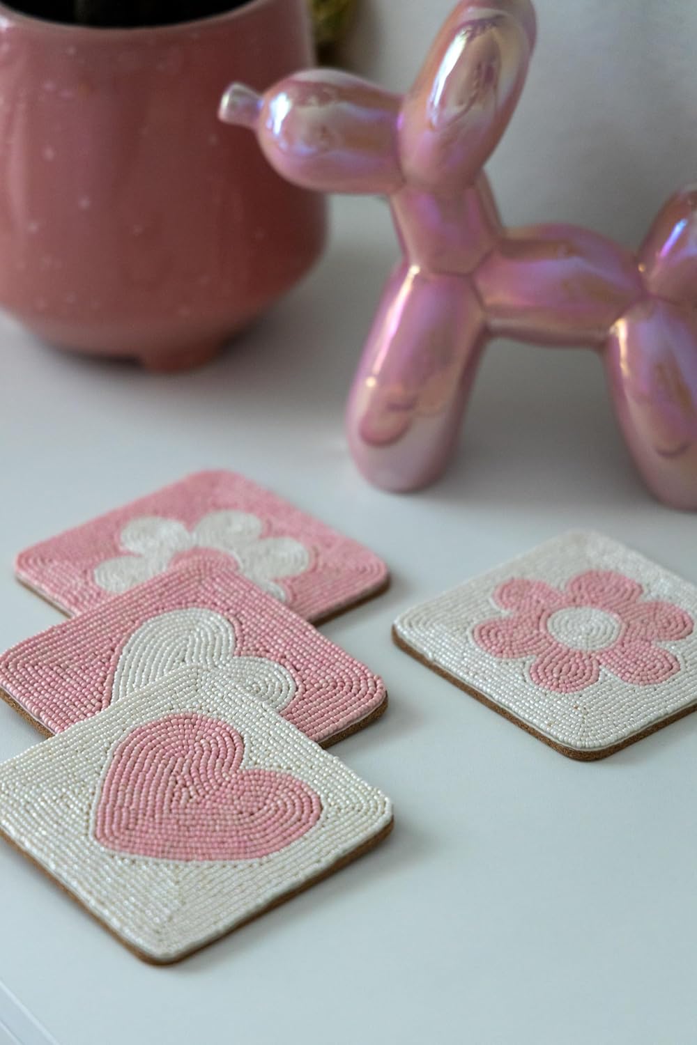 Handmade Beaded Coasters Set of 4, Handmade Boho Coasters for Drinks, Coffee Table Coasters, Cup & Drink Coasters, Pink Coaster Set, Pink Decor for Table, Gift for Her, Housewarming Gift Idea