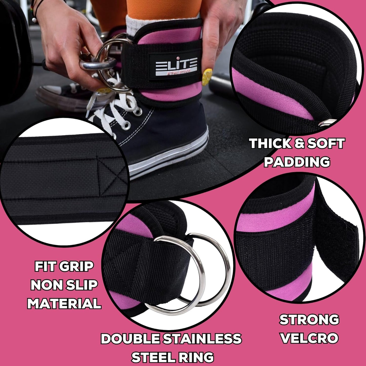 Barbell Hip Thrust Pad Set – PU Leather Bar Pad with Built-In Secure Straps, 2 Ankle Straps for cable machine, 2 Wrist Lifting Straps & Hip Resistance Bands