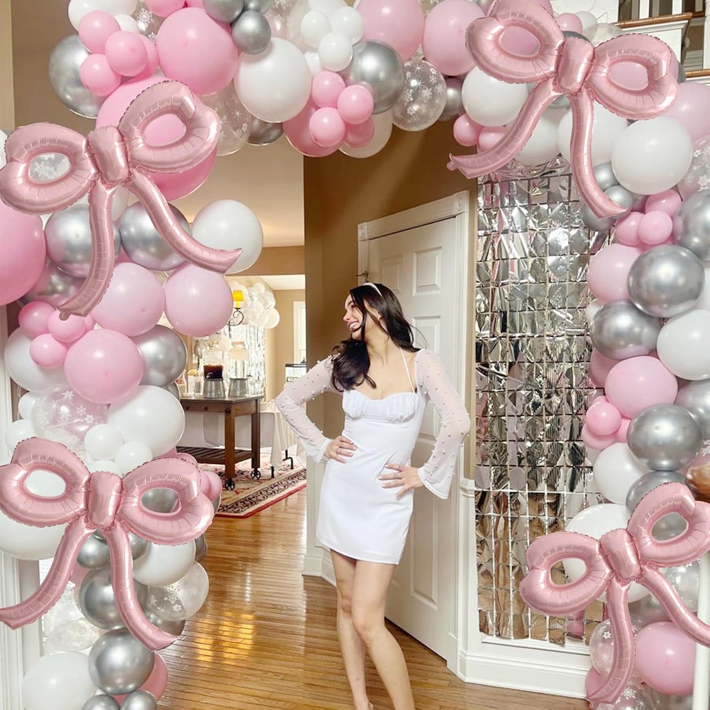 4 Pcs Pink Bow Balloons Bow Birthday Decorations for Girl Women Baby Shower Bridal Shower Bachelorette Party Mothers Day Decorations