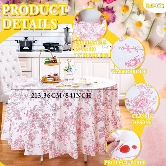 Ganeen 12 Pcs Pink Floral Plastic Tablecloth 84 Inch Round Tea Party Tablecloth Vintage Flower Disposable Pink and White Table Covers Waterproof for Birthday Wedding Baby Shower Decoration
