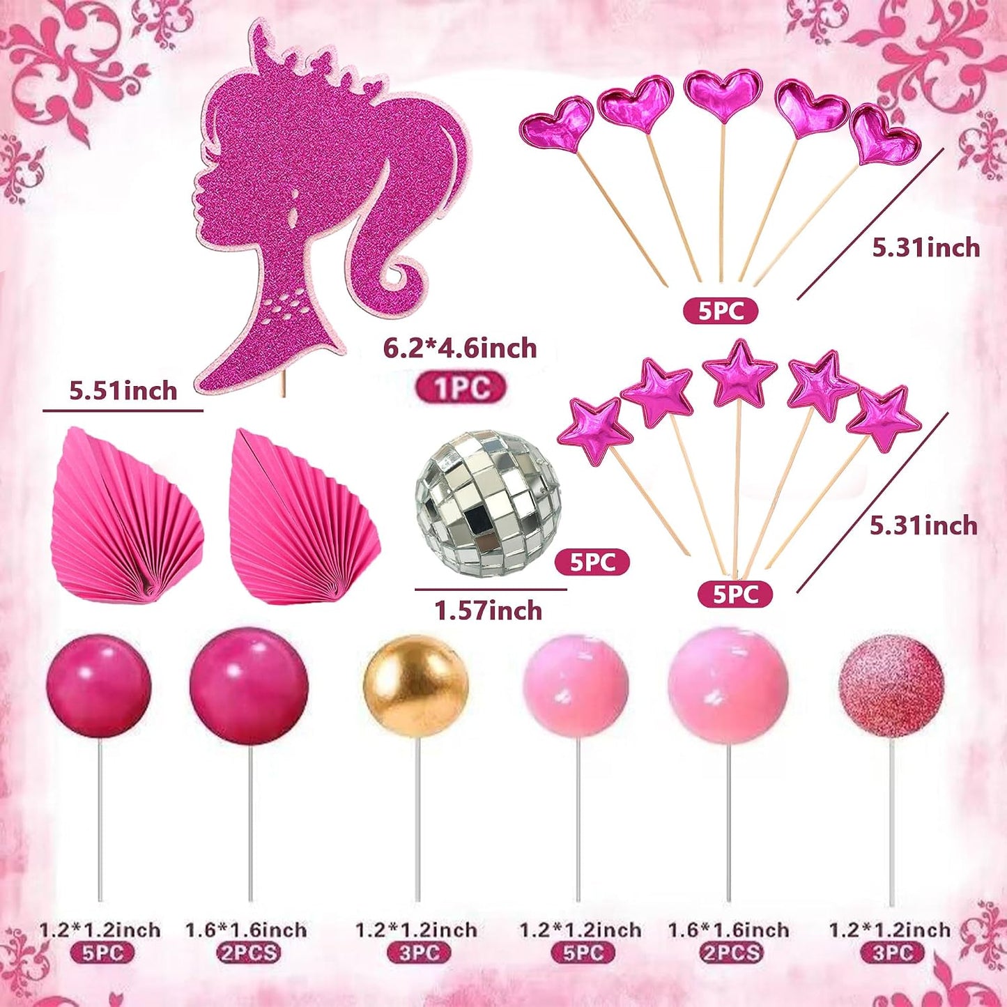 JeVenis Princess Hot Pink Girl Cake Decoration Pink Girls Birthday Decoration Balls Palm Leaves Heels Lipstick Bags Cake Topper for Birthday Bridal Shower Baby Shower